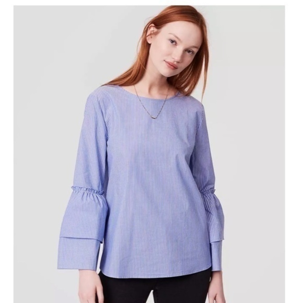 Loft • Blue White Striped Tie Back Bell Sleeve Top